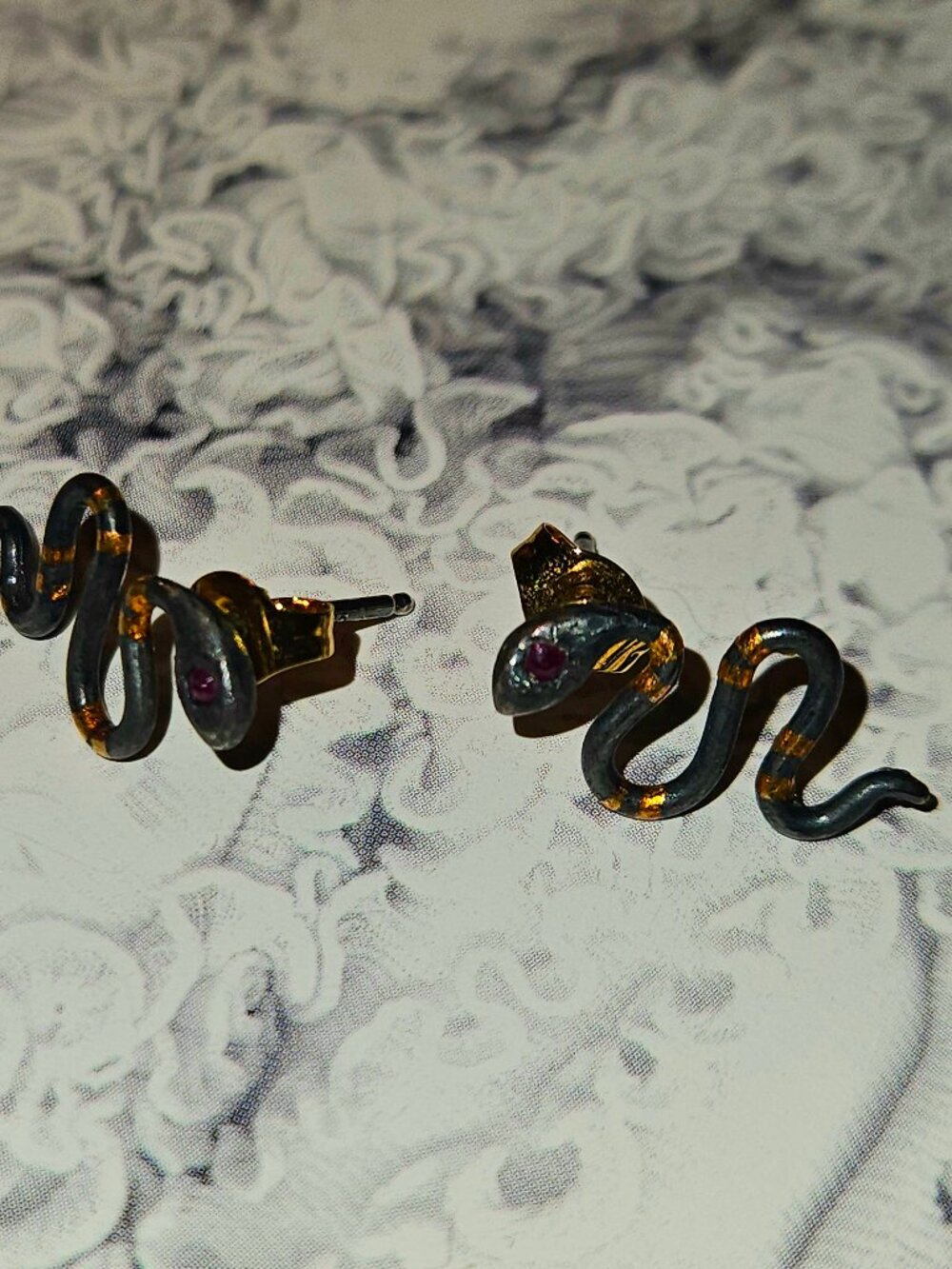Acanthus Oxidized Silver Serpent Earrings w/Gold & Rubies